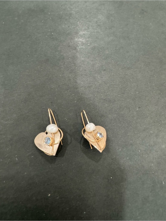 Jewelry - Handcrafted Gold Heart Drop Earrings with Pearl and Crystal. Alice Kline